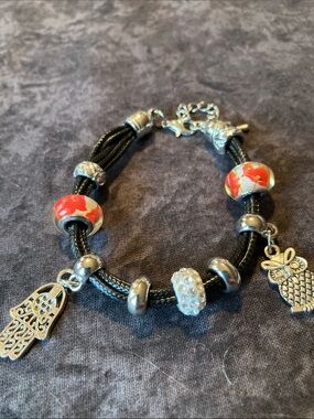 Handmade Black Cord Charm Bracelet with Red Accent Beads